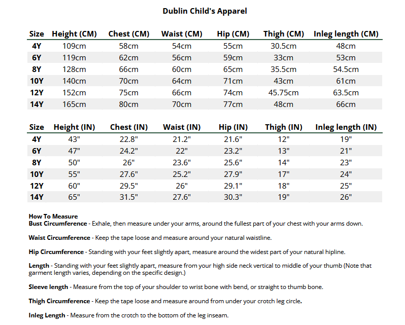 2025 Dublin Child Apparel  Size Chart